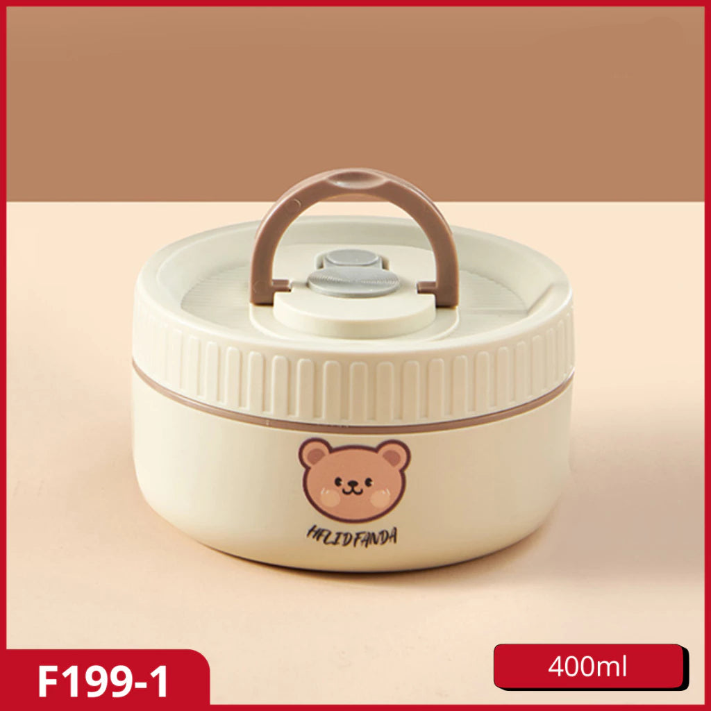 White lunch box with bear design and 'eatkit' branding on a beige background