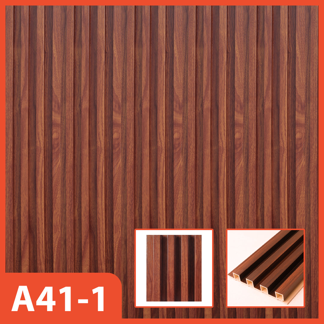 Panel dinding WPC Hoptech motif kayu cokelat gelap bergaris vertikal, model A41-1, ideal untuk dekorasi interior modern dengan tampilan alami.