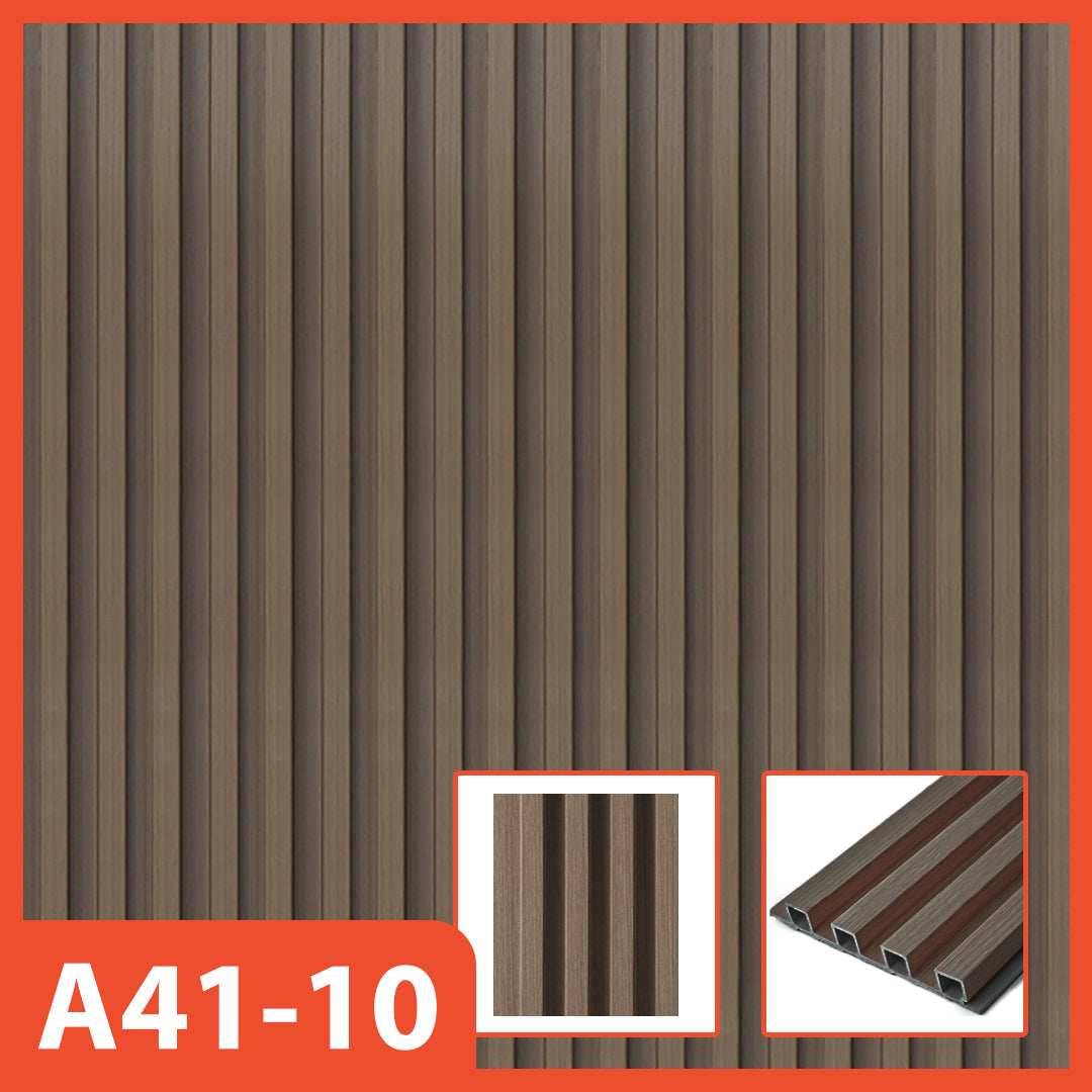 Panel dinding WPC Hoptech motif kayu cokelat keabu-abuan bergaris vertikal, model A41-10, cocok untuk dekorasi interior modern dan elegan.