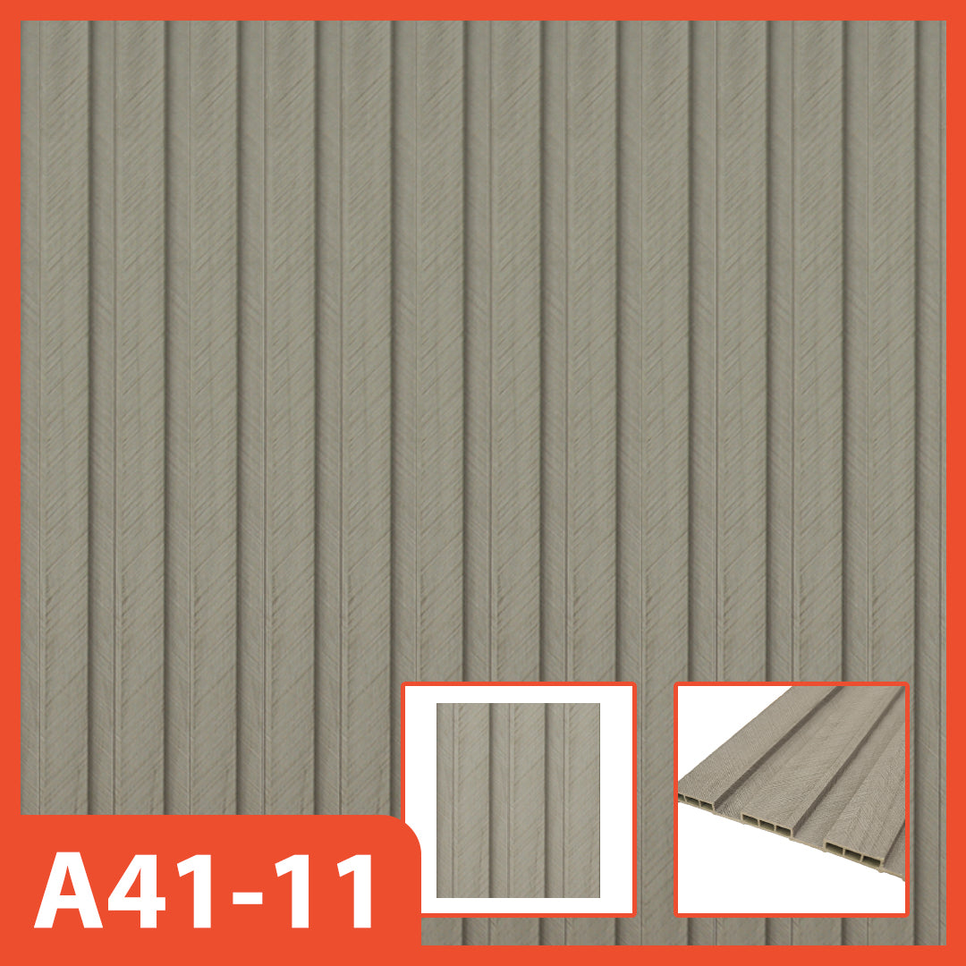 Panel dinding WPC Hoptech motif kayu beige bergaris vertikal, model A41-11, ideal untuk dekorasi interior modern yang cerah dan alami.