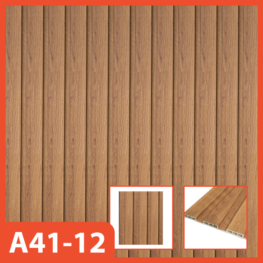 Panel dinding WPC Hoptech motif kayu cokelat terang bergaris vertikal, model A41-12, ideal untuk dekorasi interior yang hangat dan modern.