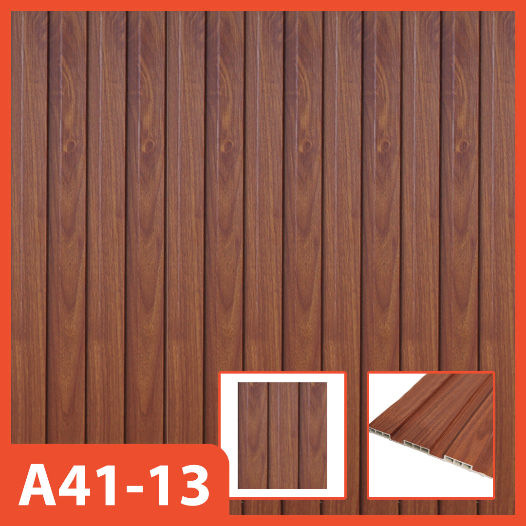 Panel dinding WPC Hoptech motif kayu cokelat kemerahan bergaris vertikal, model A41-13, ideal untuk dekorasi interior hangat dan modern.