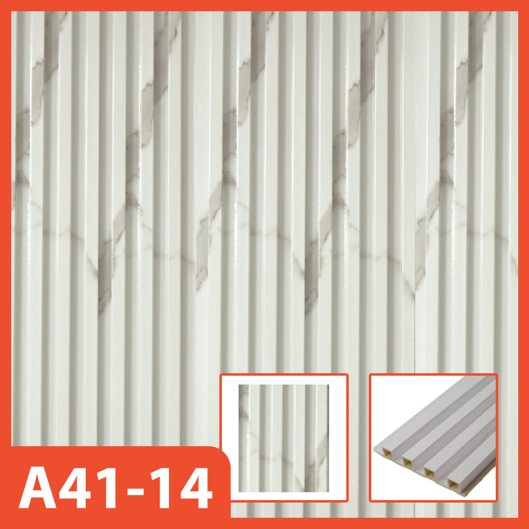 Panel dinding WPC Hoptech motif marmer putih bergaris vertikal, model A41-14, ideal untuk dekorasi interior modern yang mewah dan bersih.