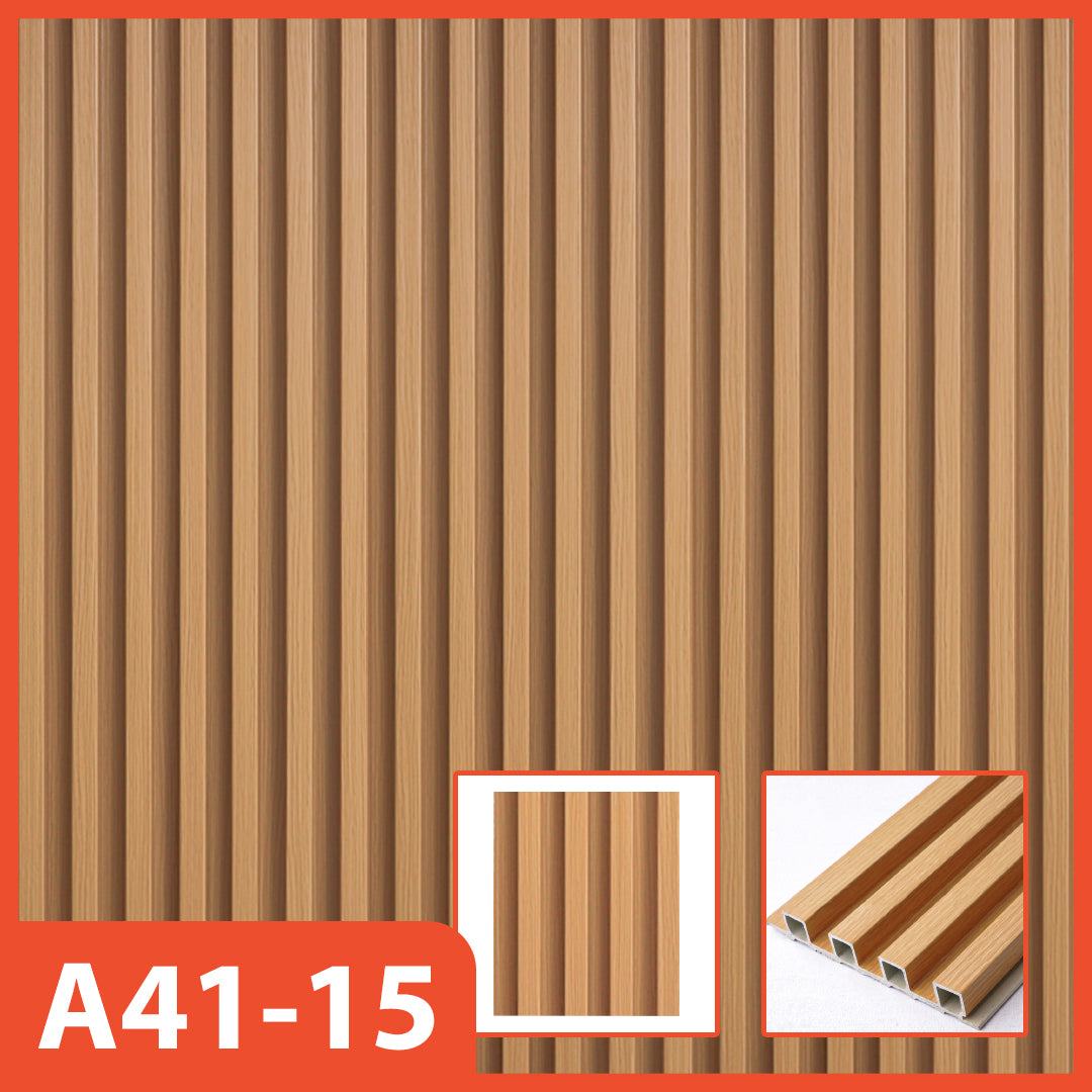 Panel dinding WPC Hoptech motif kayu krem bergaris vertikal, model A41-15, ideal untuk dekorasi interior modern yang cerah dan alami.