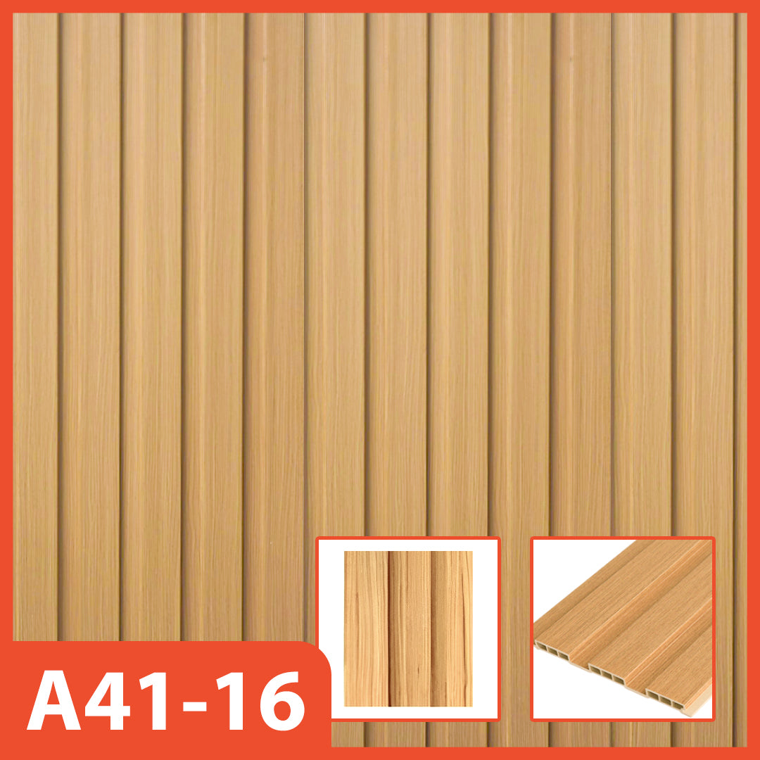 Panel dinding WPC Hoptech motif kayu terang bergaris vertikal, model A41-16, ideal untuk dekorasi interior modern yang cerah dan alami.