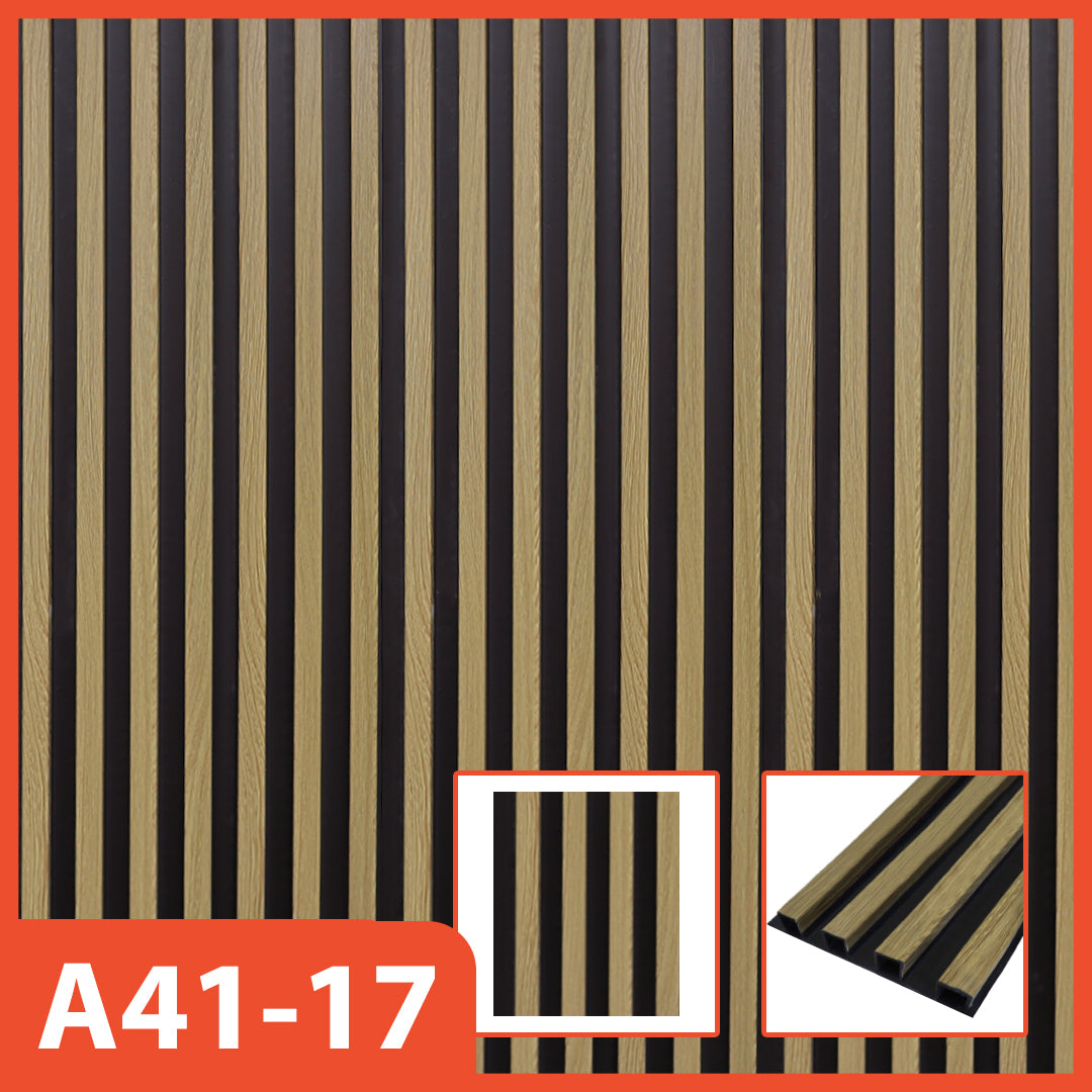 Panel dinding WPC Hoptech motif kayu dua warna (cokelat muda dan hitam) bergaris vertikal, model A41-17, ideal untuk dekorasi interior modern yang kontras.