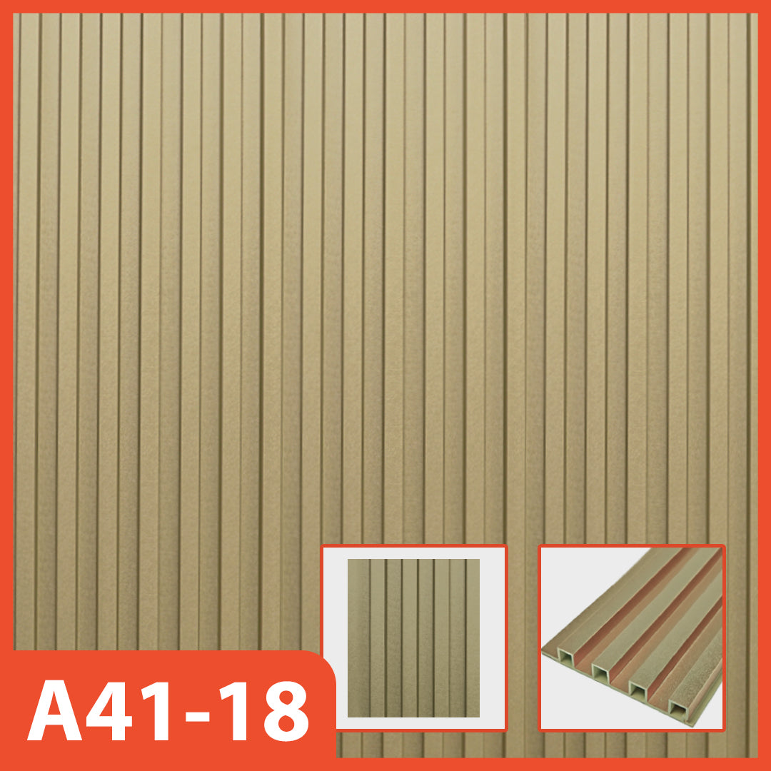 Panel dinding WPC Hoptech motif kayu beige bergaris vertikal, model A41-18, ideal untuk dekorasi interior modern yang terang dan alami.