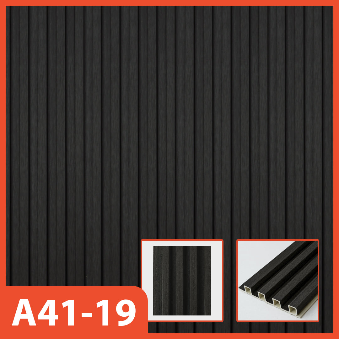 Panel dinding WPC Hoptech hitam bergaris vertikal, model A41-19, ideal untuk dekorasi interior modern yang minimalis dan berani.