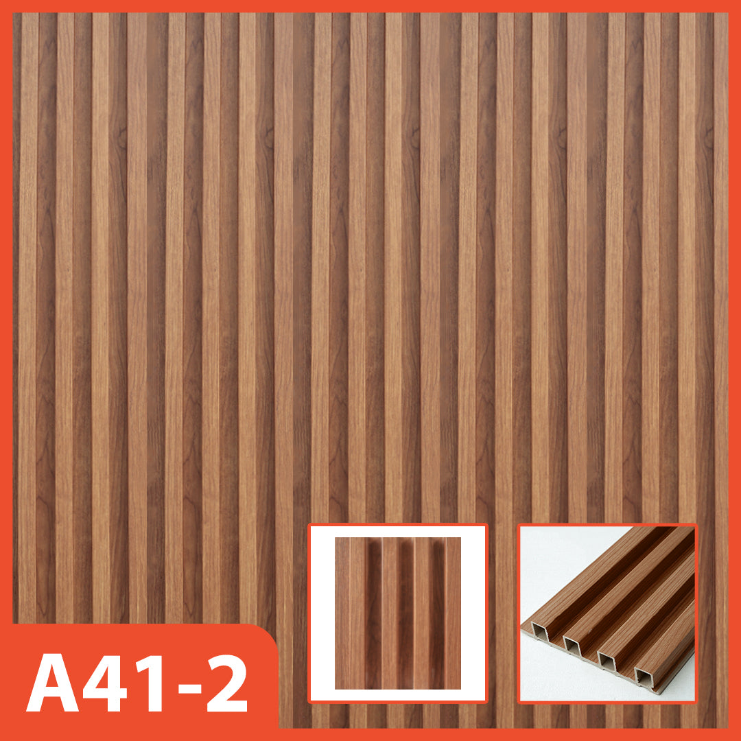 Panel dinding WPC Hoptech motif kayu cokelat medium bergaris vertikal, model A41-2, cocok untuk dekorasi interior modern dan minimalis.