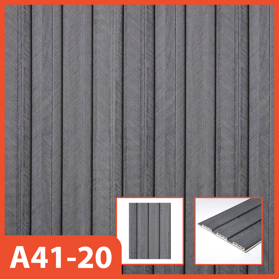 Panel dinding WPC Hoptech abu-abu gelap bergaris vertikal, model A41-20, ideal untuk dekorasi interior modern yang bertekstur dan elegan.