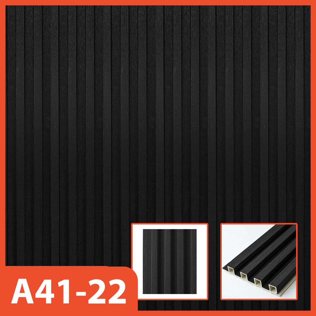 Panel dinding WPC Hoptech hitam bergaris vertikal, model A41-22, ideal untuk dekorasi interior modern yang minimalis dan elegan.