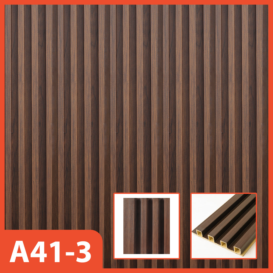 Panel dinding WPC Hoptech motif kayu cokelat tua bergaris vertikal, model A41-3, sempurna untuk desain interior yang elegan dan bertekstur.