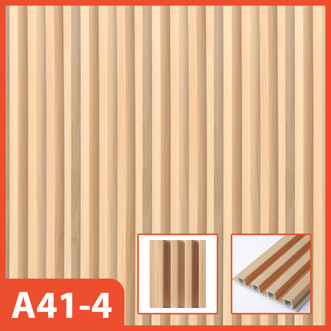 Panel dinding WPC Hoptech motif kayu krem bergaris vertikal, model A41-4, menghadirkan sentuhan cerah untuk desain interior modern dan minimalis.