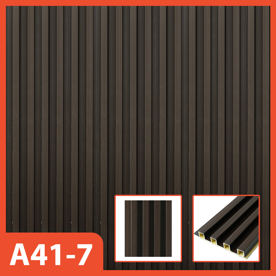 Panel dinding WPC Hoptech cokelat gelap/hitam bergaris vertikal, model A41-7, ideal untuk interior modern dengan kesan dramatis dan elegan.