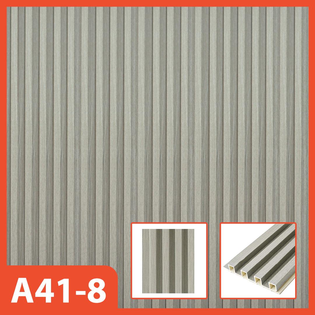Panel dinding WPC Hoptech motif kayu abu-abu muda bergaris vertikal, model A41-8, cocok untuk dekorasi interior modern dan elegan.