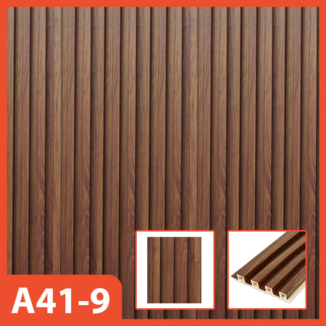 Panel dinding WPC Hoptech motif kayu cokelat bergaris vertikal, model A41-9, ideal untuk dekorasi interior dengan sentuhan alami dan modern.
