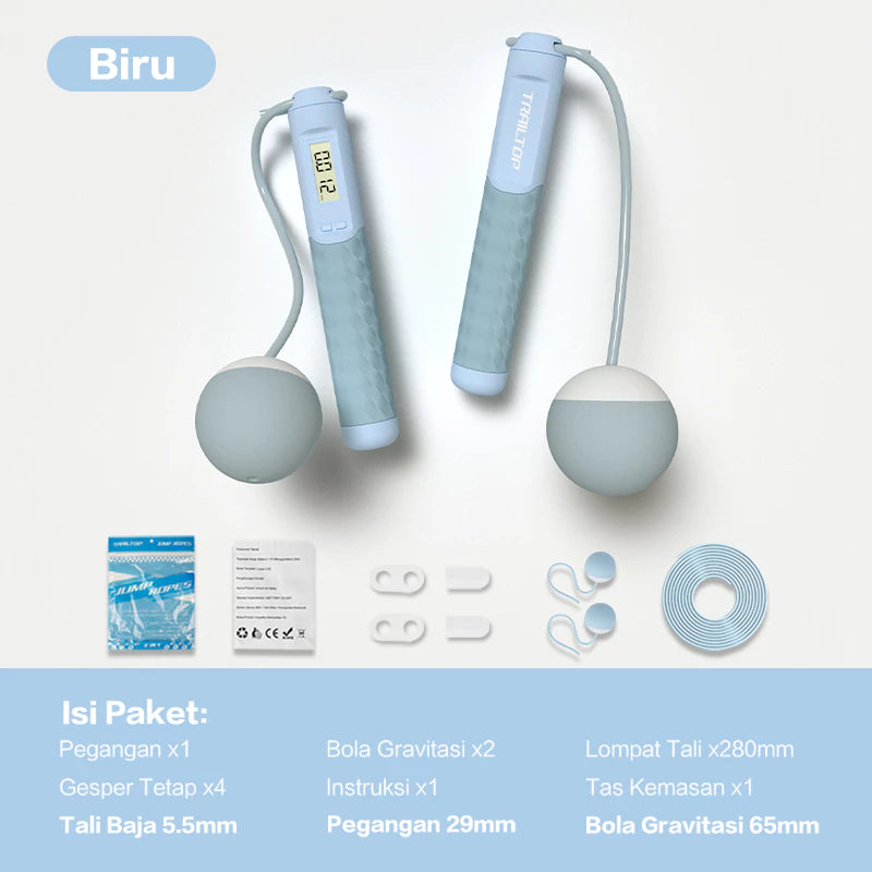Set tali skipping digital TRAILTOP berwarna biru, dilengkapi pegangan, bola gravitasi tanpa tali, tali baja panjang, dan berbagai aksesori.