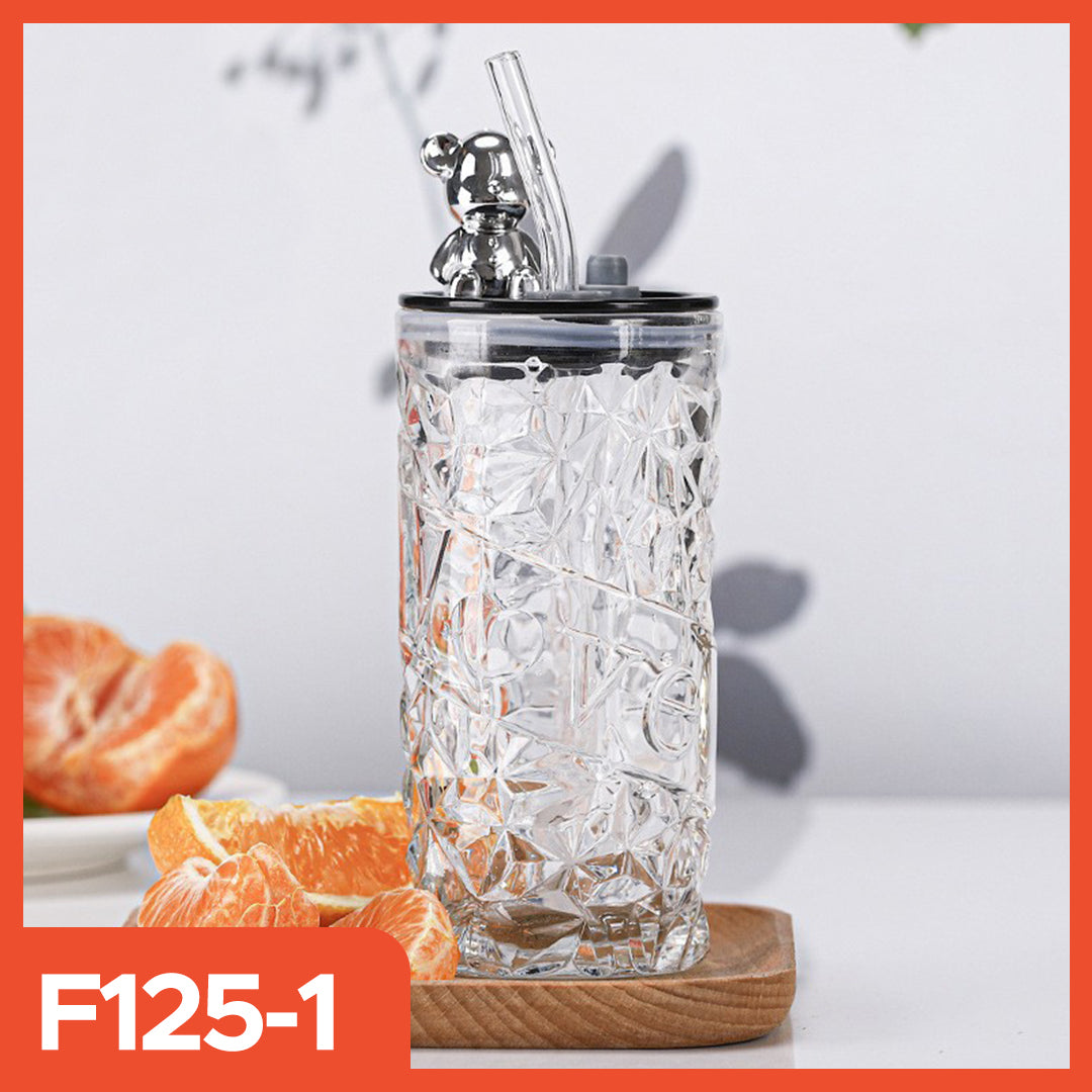 500ml Glass Tumbler | Aesthetic Glass Tumbler Coffee Mug Bottle | Glass Tumbler with Bear Lid