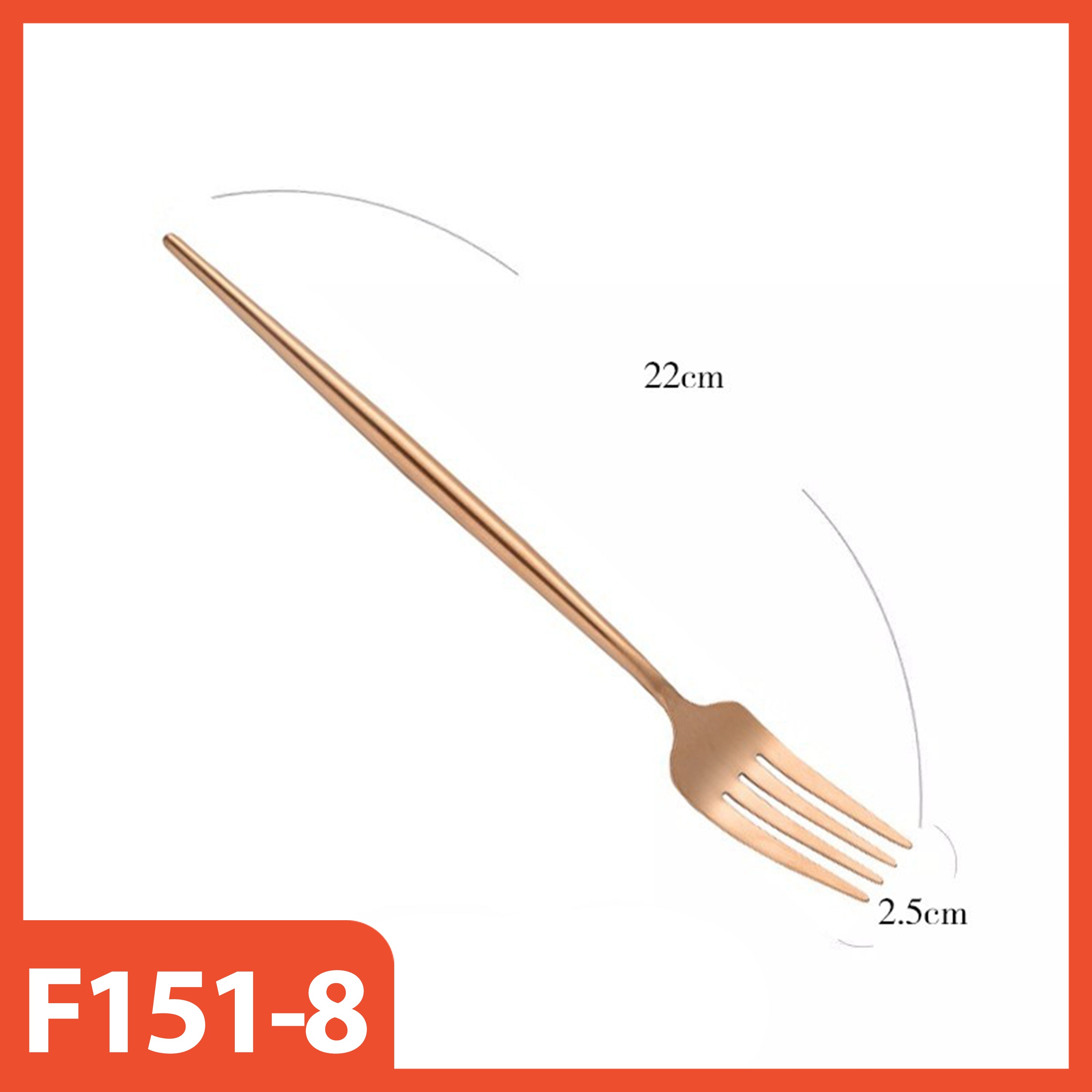 Rose gold fork with measurements on a white background