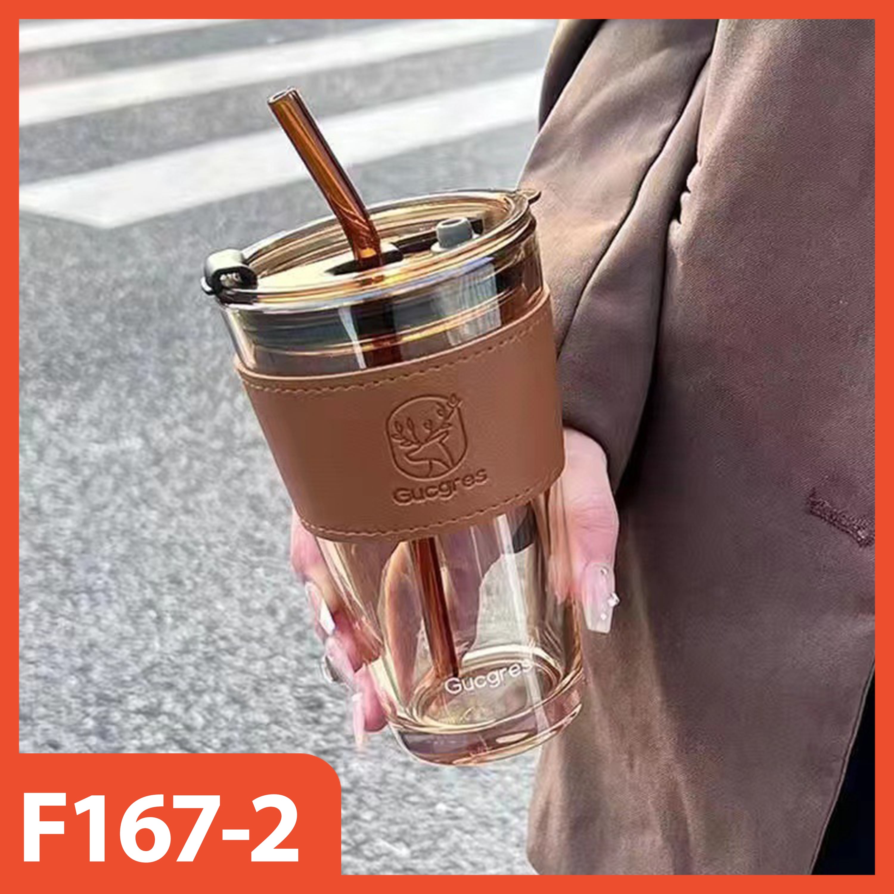 Hoptech - 450ml Heat-Resistant Glass Cup with Straw | Aesthetic Coffee Mug with Leather Case