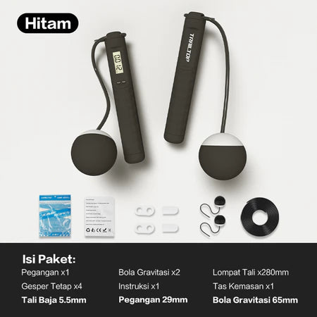 Set tali skipping digital TRAILTOP berwarna hitam, dilengkapi pegangan, bola gravitasi tanpa tali, tali baja panjang, dan berbagai aksesori.