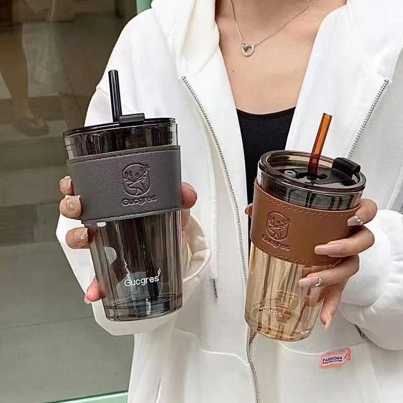 Hoptech - 450ml Heat-Resistant Glass Cup with Straw | Aesthetic Coffee Mug with Leather Case