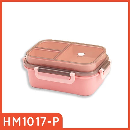 Kotak makan siang satu tingkat berwarna merah muda dengan tutup transparan berwarna cokelat muda, yang dilengkapi sekat internal dan lubang uap, serta klip pengunci samping berwarna merah muda muda dengan aksen cokelat gelap.