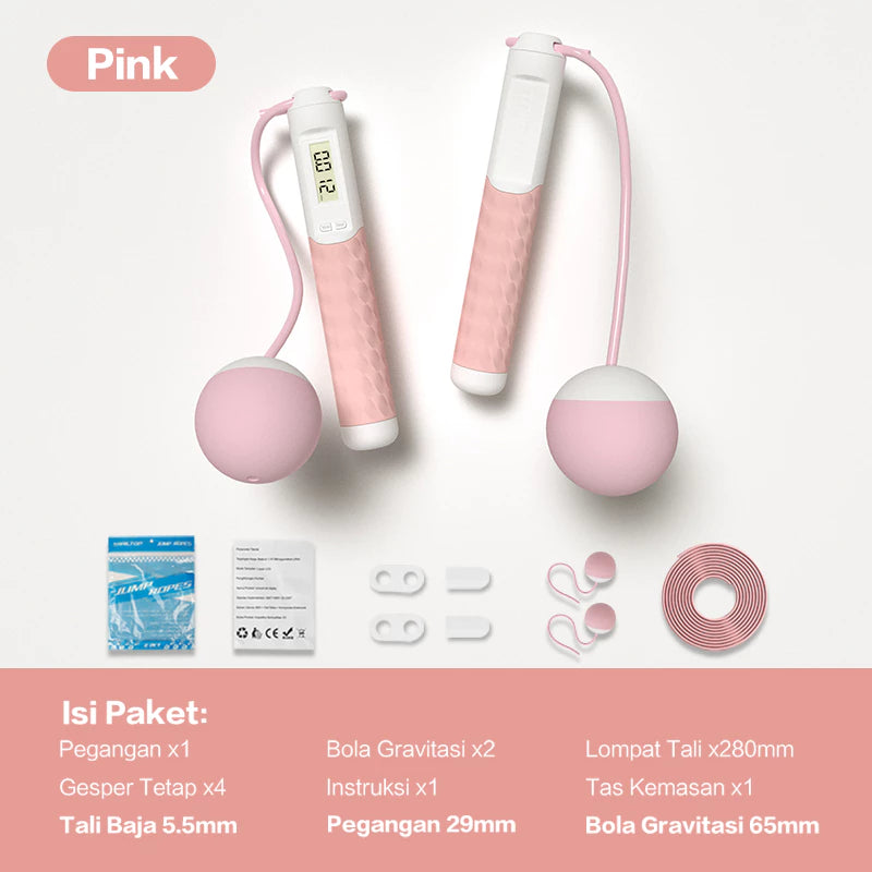 Set tali skipping digital berwarna pink, dilengkapi pegangan, bola gravitasi tanpa tali, tali baja panjang, dan berbagai aksesori.