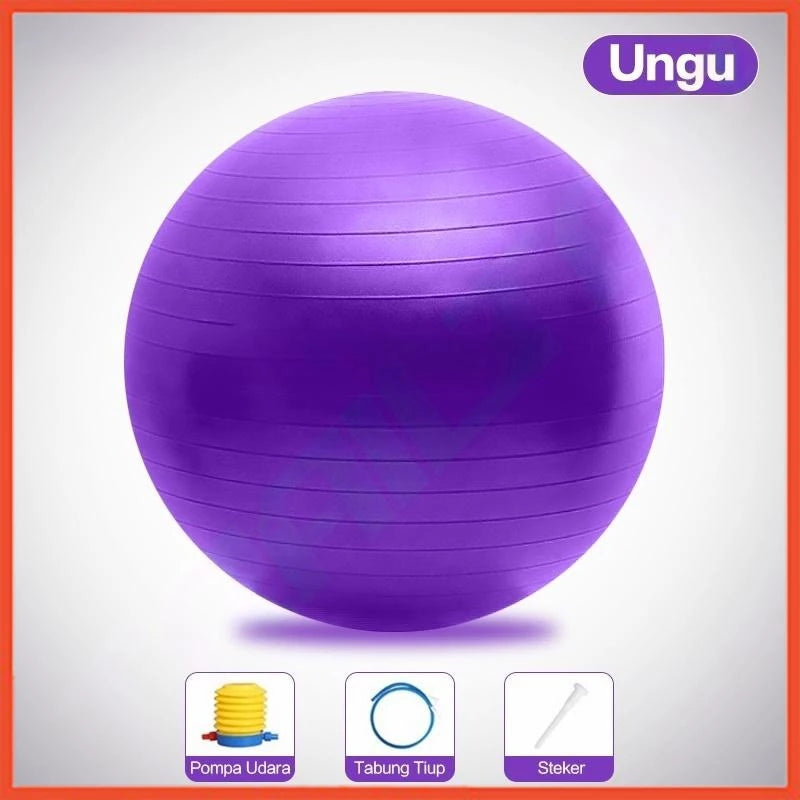 Gym ball berwarna ungu, dilengkapi dengan pompa udara, tabung tiup, dan steker.