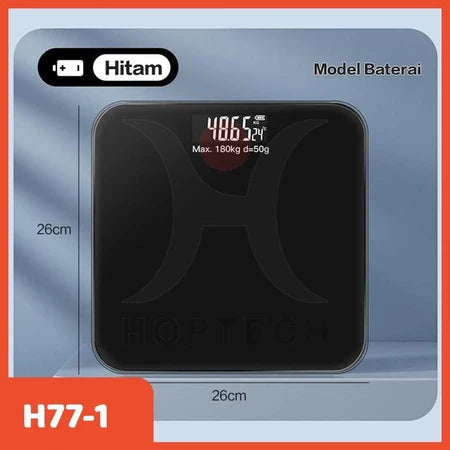 Timbangan tampak modern dengan desain minimalis dan sudut yang membulat. hitam