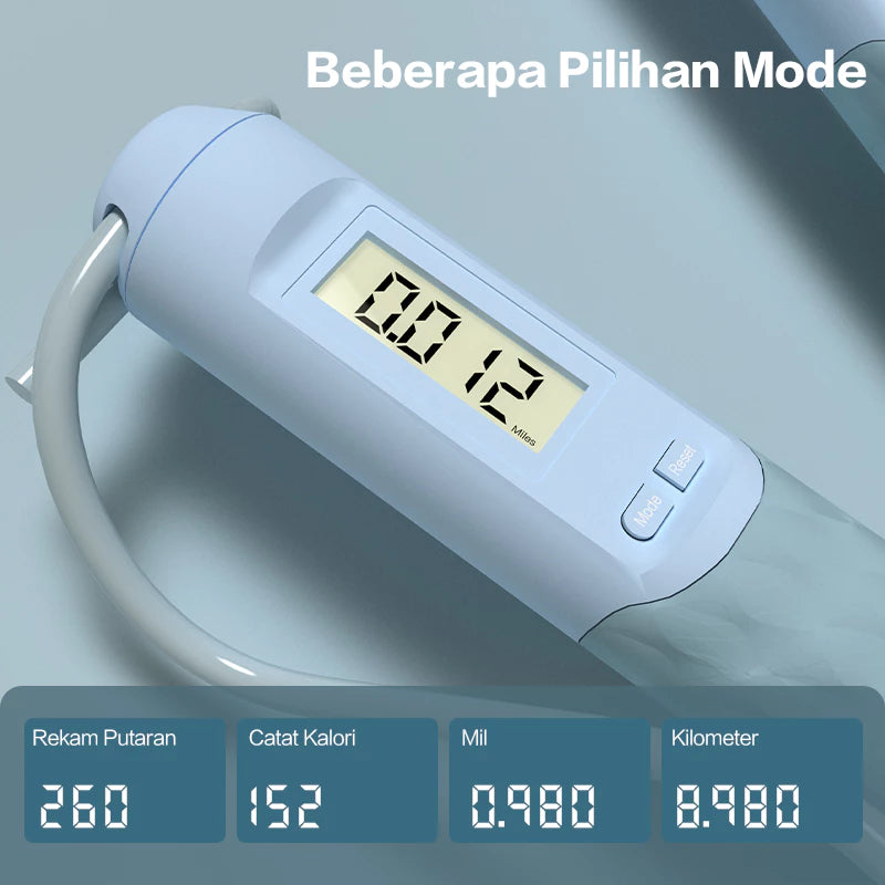 Pegangan tali skipping digital dengan layar penghitung yang menampilkan berbagai pilihan mode seperti jumlah putaran, kalori terbakar, jarak dalam mil dan kilometer.