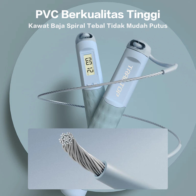 Tali skipping digital TRAILTOP dengan pegangan berwarna abu-abu muda, menampilkan fitur kawat baja spiral tebal berlapis PVC berkualitas tinggi yang tidak mudah putus.