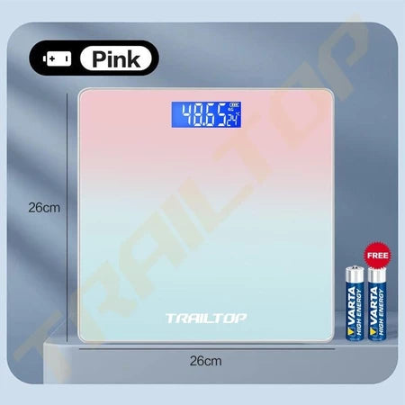 Timbangan tampak modern dengan desain minimalis dan sudut yang membulat.warna pink gradasi biru