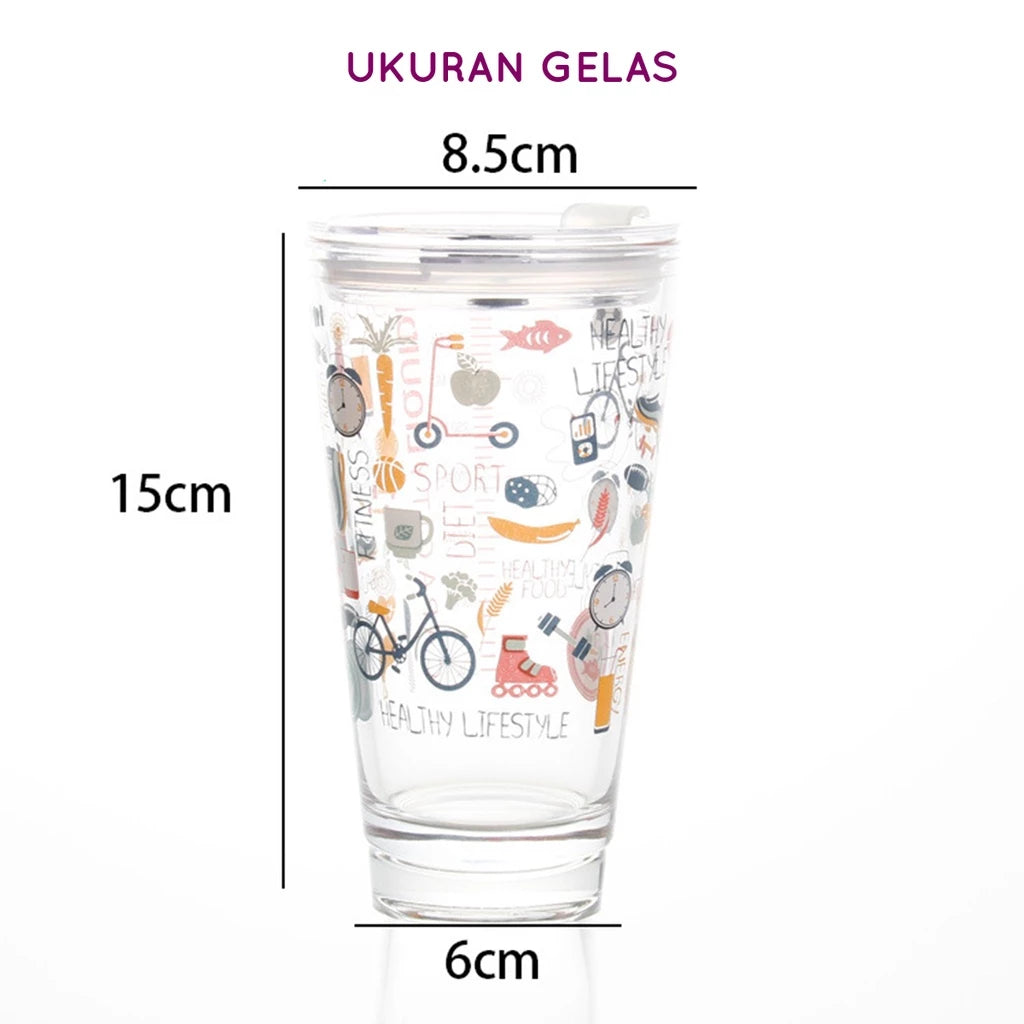 Gelas tumbler kaca transparan dengan ilustrasi tema hidup sehat, ditampilkan dengan dimensi: diameter atas 8.5cm, tinggi 15cm, dan diameter bawah 6cm.