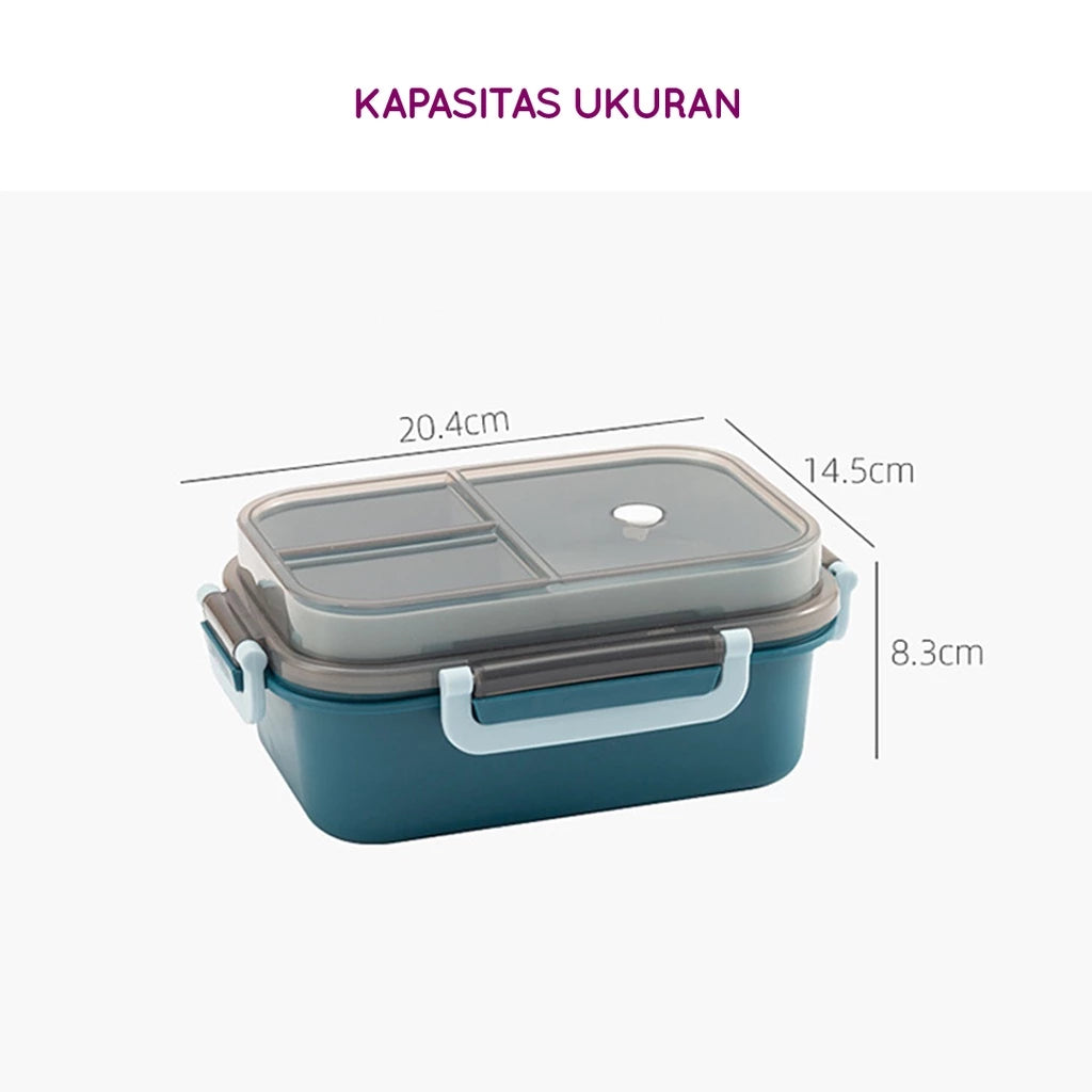 Sebuah kotak makan siang dua tingkat berwarna teal dengan tutup transparan dan baki atas tersekat, ditampilkan dengan dimensi: panjang 20.4cm, lebar 14.5cm, dan tinggi 8.3cm.
