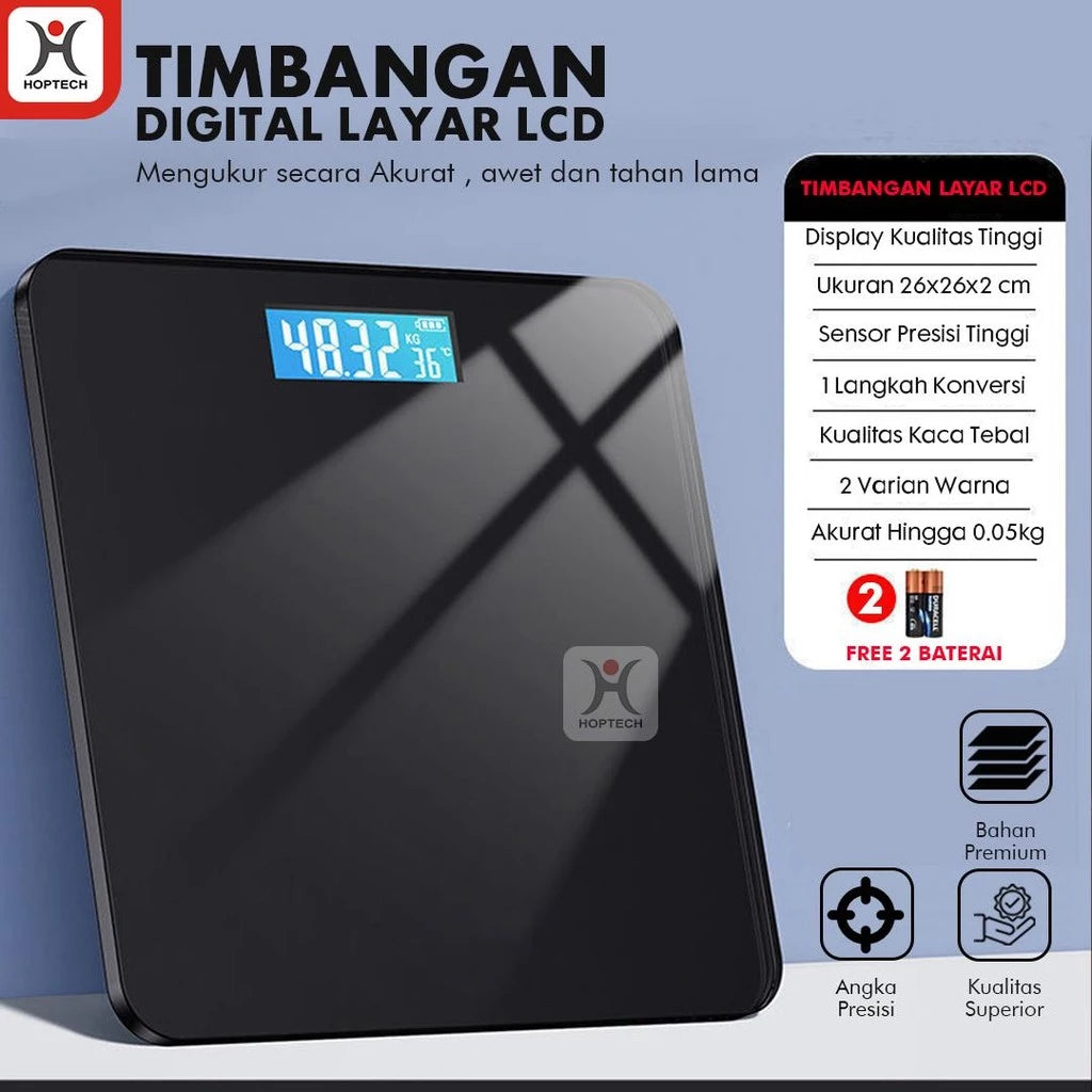 A digital body weight scale with an LCD screen displaying weight measurement. The scale has a black color, and there are two buttons on the side.