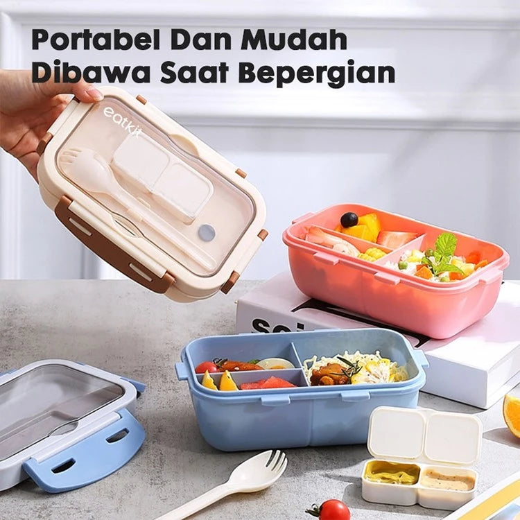 Hoptech - Set Kotak Makan Siang 840ml Desain Kompartemen Lunch Box Microwave Gratis Alat Makan Box Saus