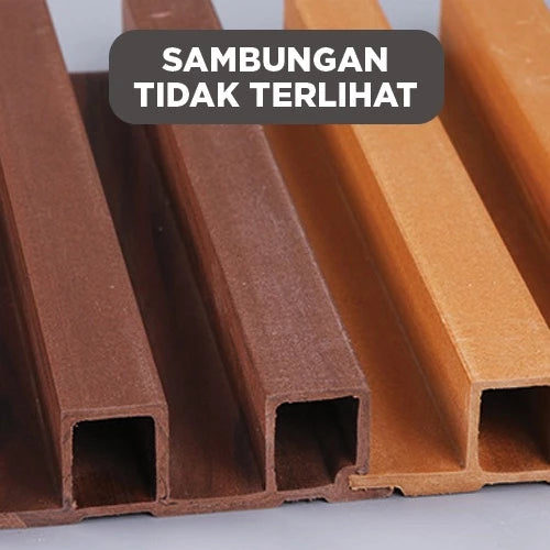 Panel dinding WPC Hoptech dengan sambungan tersembunyi, menampilkan profil panel cokelat untuk pemasangan mulus dan tampilan tanpa celah.