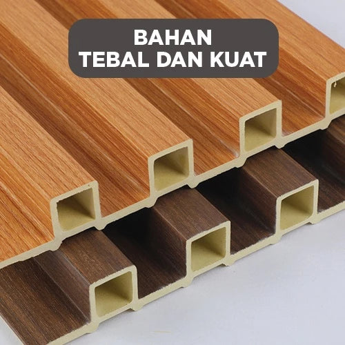 Panel dinding WPC Hoptech tebal dan kuat, menampilkan profil penampang berongga yang kokoh untuk daya tahan optimal.