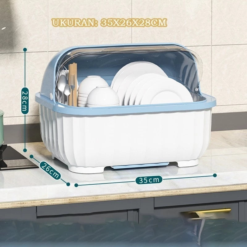 Dish Rack with Drainer Storage,biru dengan ukuran