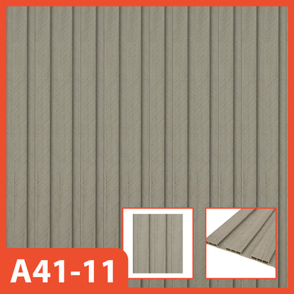Panel dinding WPC Hoptech motif kayu beige bergaris vertikal, model A41-11, ideal untuk dekorasi interior modern yang cerah dan alami.