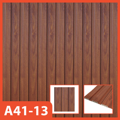 Panel dinding WPC Hoptech motif kayu cokelat kemerahan bergaris vertikal, model A41-13, ideal untuk dekorasi interior hangat dan modern.