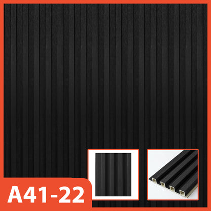 Panel dinding WPC Hoptech hitam bergaris vertikal, model A41-22, ideal untuk dekorasi interior modern yang minimalis dan elegan.