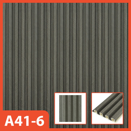 Panel dinding WPC Hoptech abu-abu gelap bergaris vertikal, model A41-6, ideal untuk dekorasi interior modern dengan nuansa elegan.