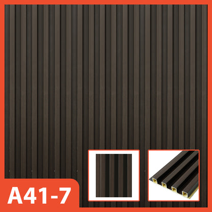 Panel dinding WPC Hoptech cokelat gelap/hitam bergaris vertikal, model A41-7, ideal untuk interior modern dengan kesan dramatis dan elegan.