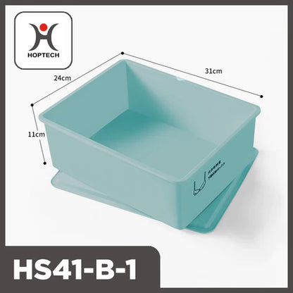 Tampilan tiga perempat dari kotak penyimpanan organizer Hoptech HS41-B-1 berwarna biru kehijauan pastel dengan penutupnya di bawah. Dimensi produk terlihat jelas: panjang 31cm, lebar 24cm, dan tinggi 11cm. Logo Hoptech berwarna merah dan hitam tertera di pojok kiri atas gambar."