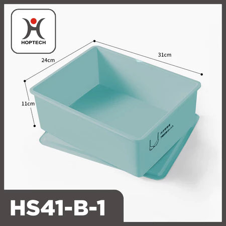 Tampilan tiga perempat dari kotak penyimpanan organizer Hoptech HS41-B-1 berwarna biru kehijauan pastel dengan penutupnya di bawah. Dimensi produk terlihat jelas: panjang 31cm, lebar 24cm, dan tinggi 11cm. Logo Hoptech berwarna merah dan hitam tertera di pojok kiri atas gambar."