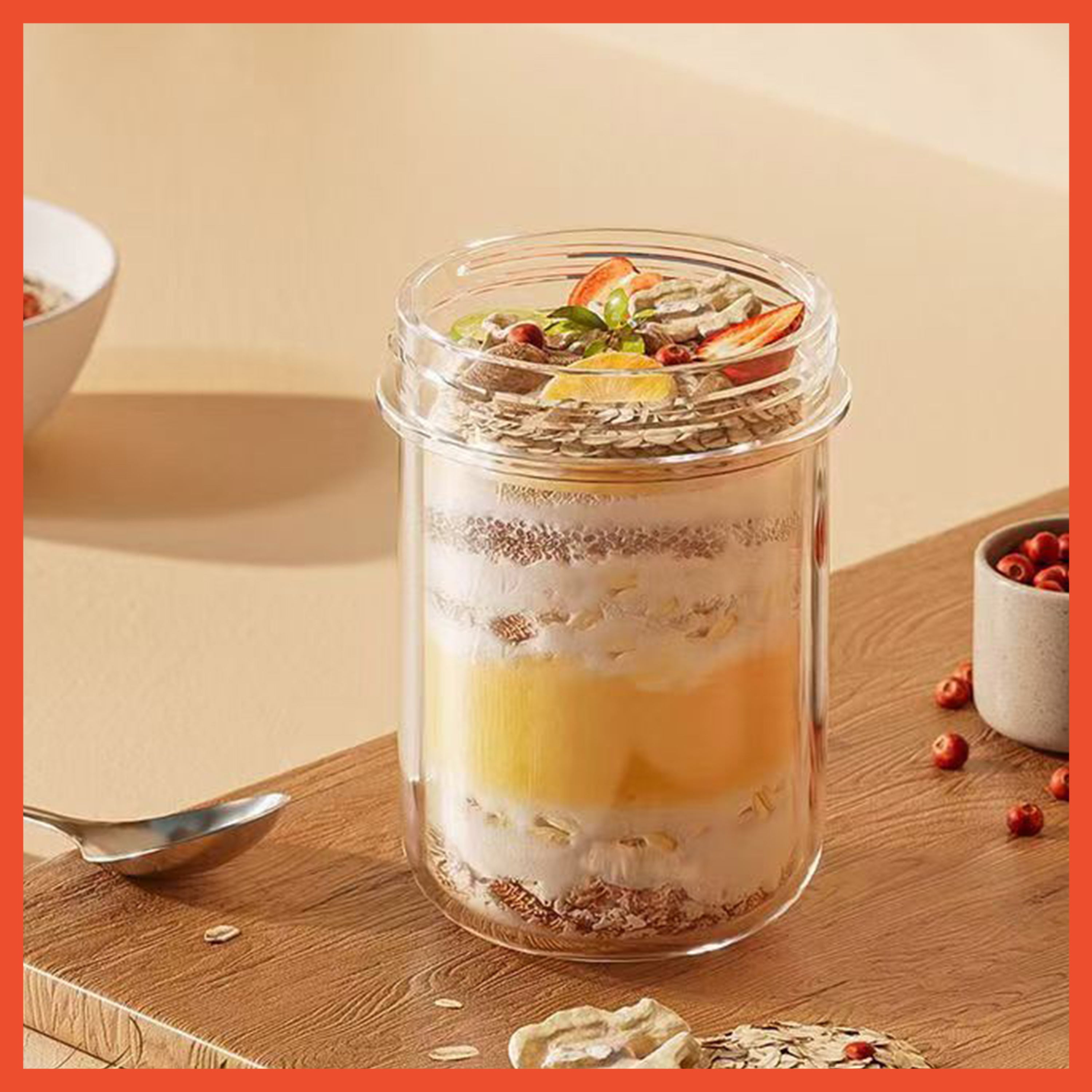 HOPTECH - 350ml Oatmeal Glass Cup with Spill-Proof Lid, Free Stainless Steel Spoon, Glass Cup, Salad Mug