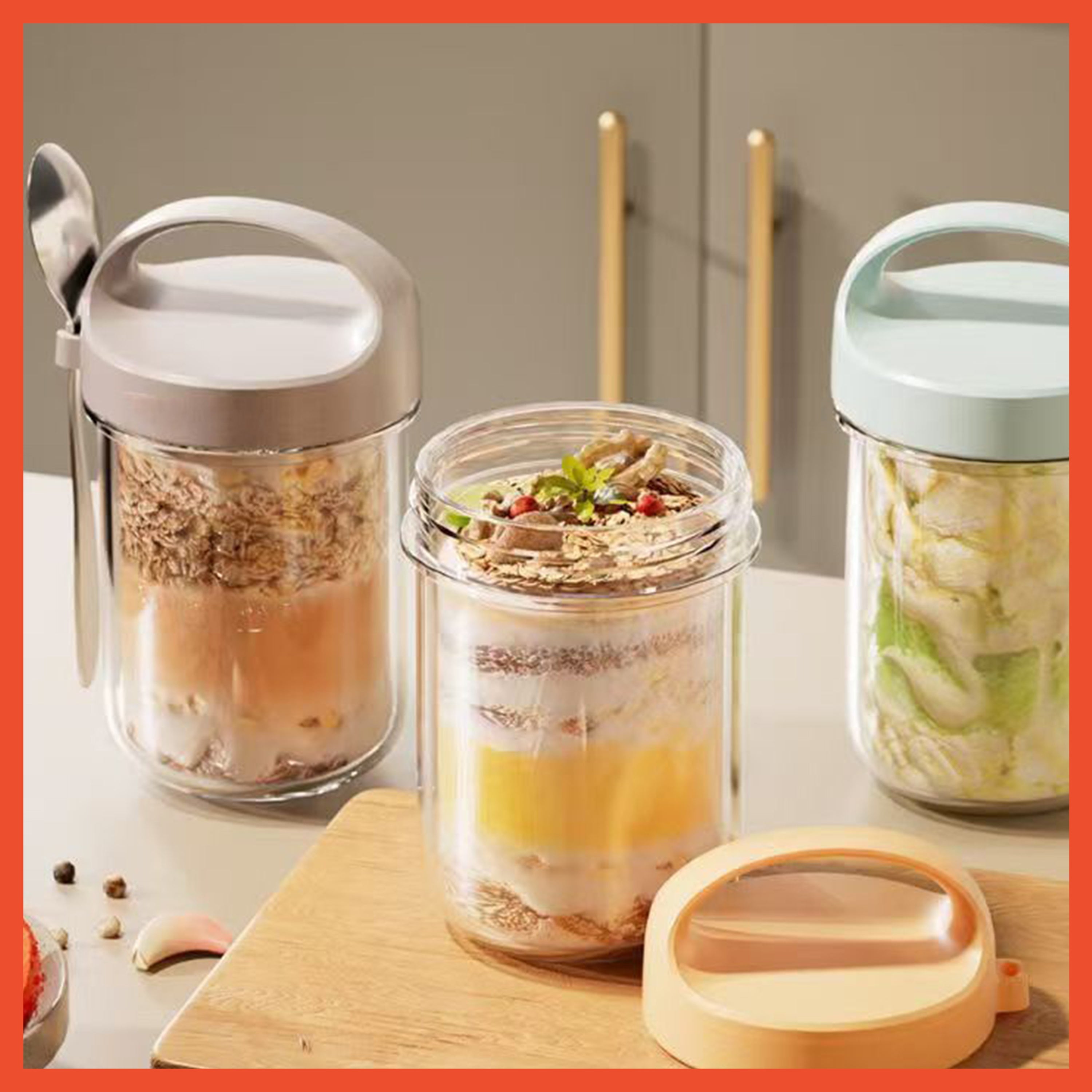 HOPTECH - 350ml Oatmeal Glass Cup with Spill-Proof Lid, Free Stainless Steel Spoon, Glass Cup, Salad Mug