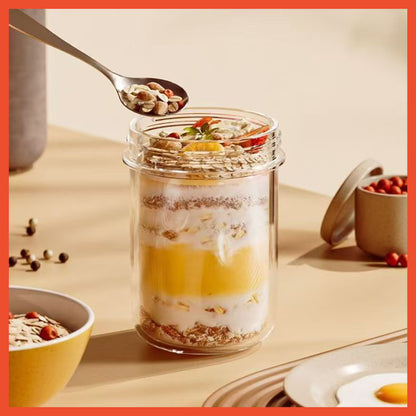 HOPTECH - 350ml Oatmeal Glass Cup with Spill-Proof Lid, Free Stainless Steel Spoon, Glass Cup, Salad Mug